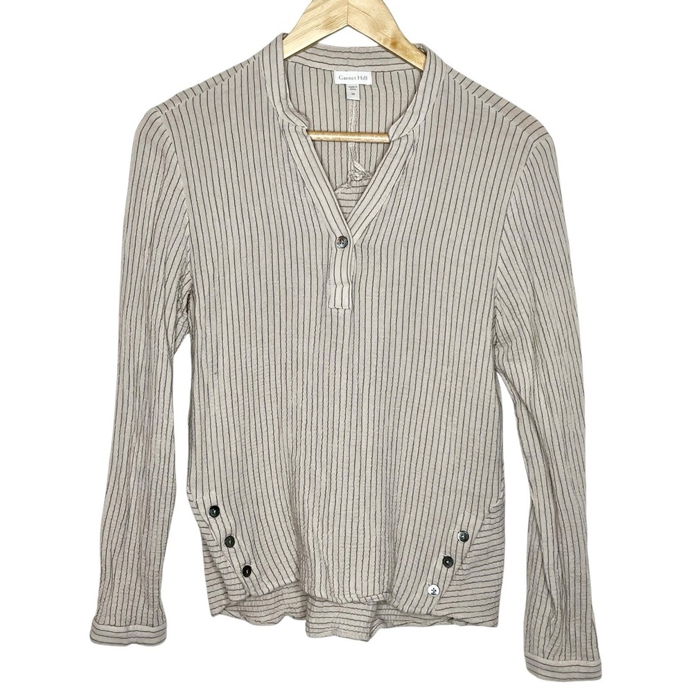 Garnet Hill Striped Gauze Top Beige Womens Size 6 Organic Cotton Coastal Neutral